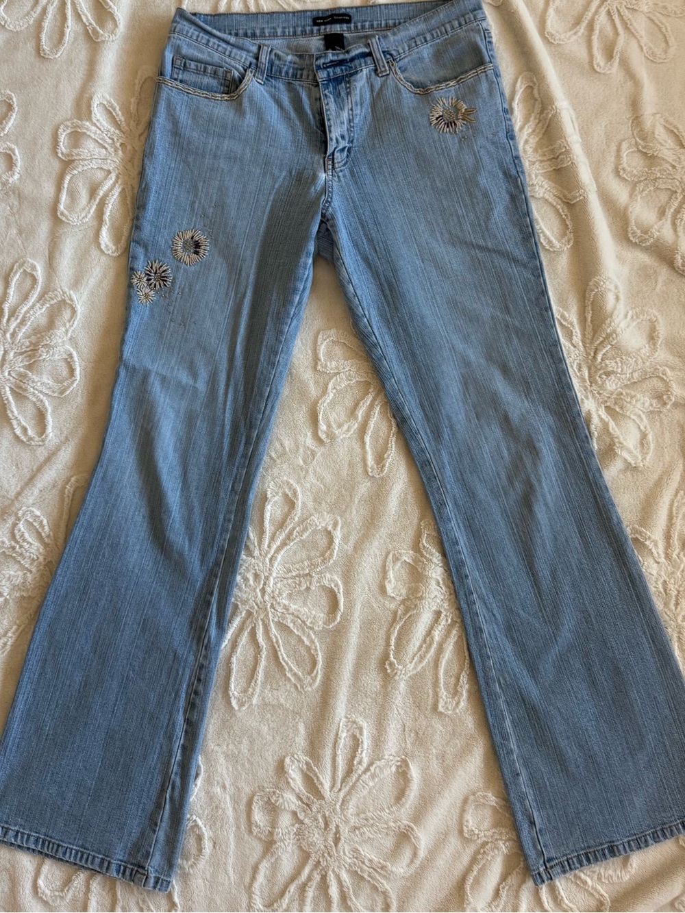 New York & Company Light Blue denim Embroidered Sunflower beaded Flare Jeans